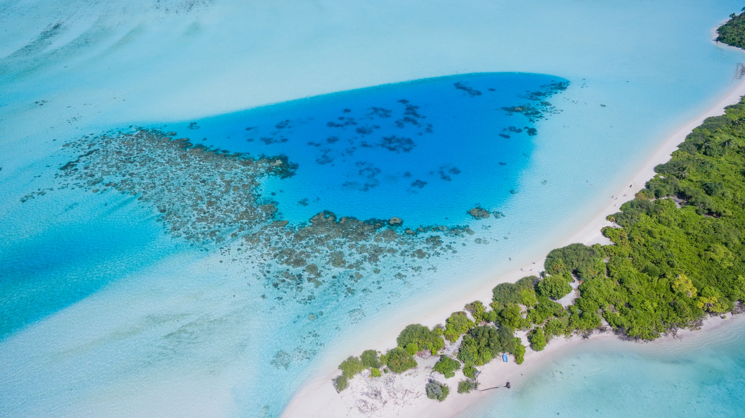 Agua turquesa y costa de una isla de Maldivas